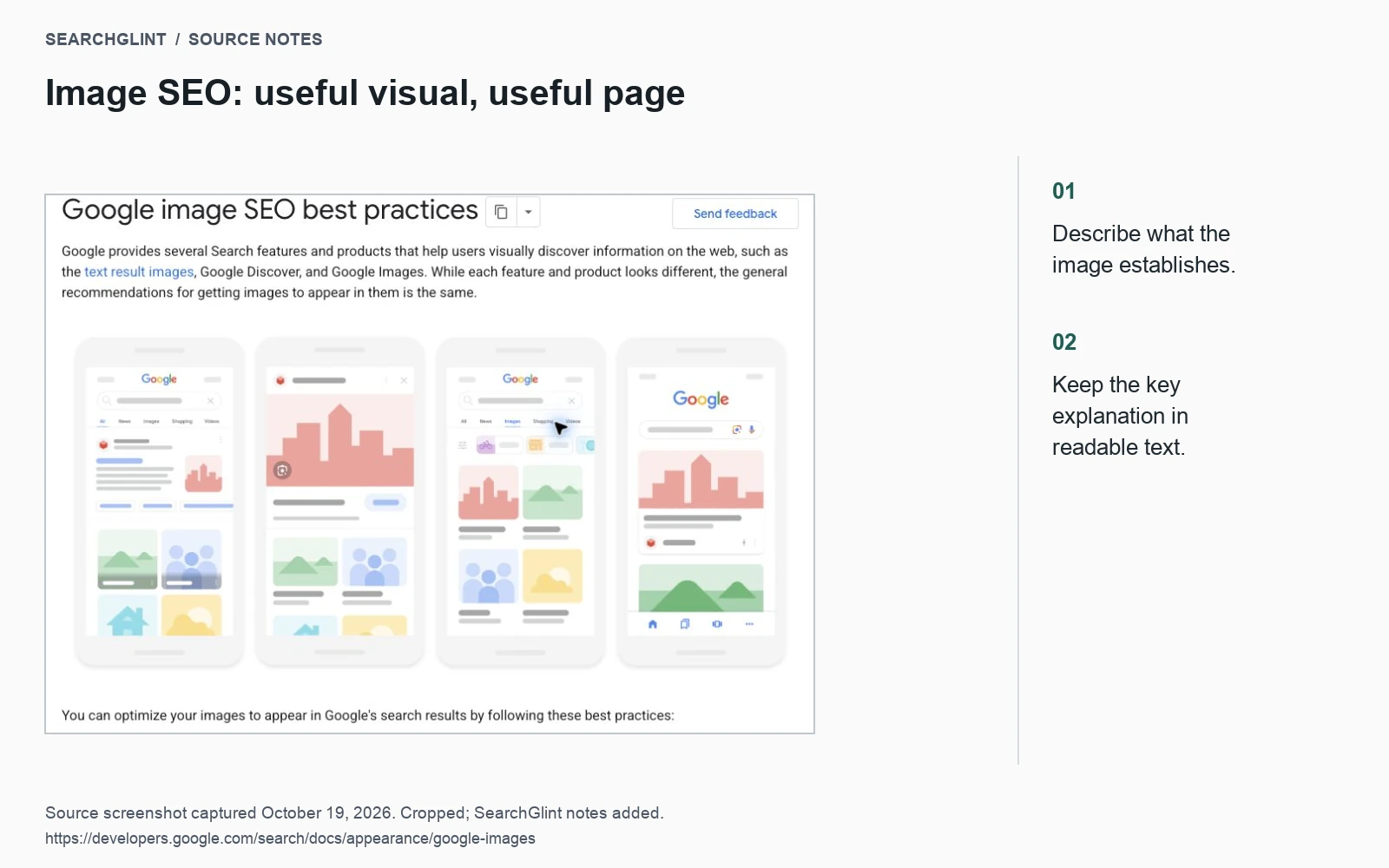 Google image SEO documentation with examples of visual search surfaces.