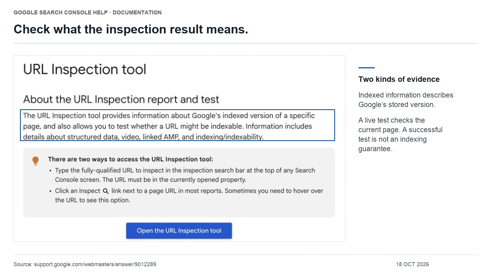 Google URL Inspection help page with the indexed-version and live-test explanation highlighted.